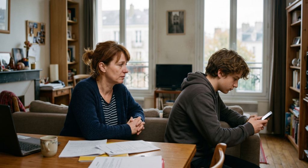 Une mère et son fils adolescent en rupture de communication, pour l'accompagnement parents-ados à Nantes.