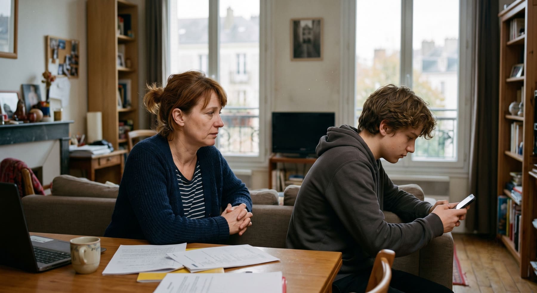 Une mère et son fils adolescent en rupture de communication, pour l'accompagnement parents-ados à Nantes.