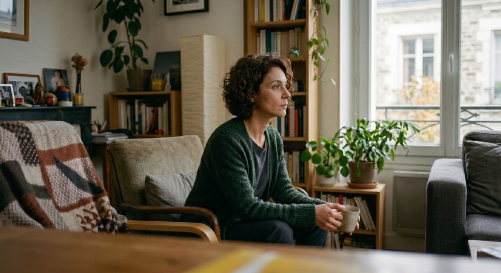 Une femme pensive assise dans un salon, représentant le suivi en thérapie individuelle pour adultes à Nantes.
